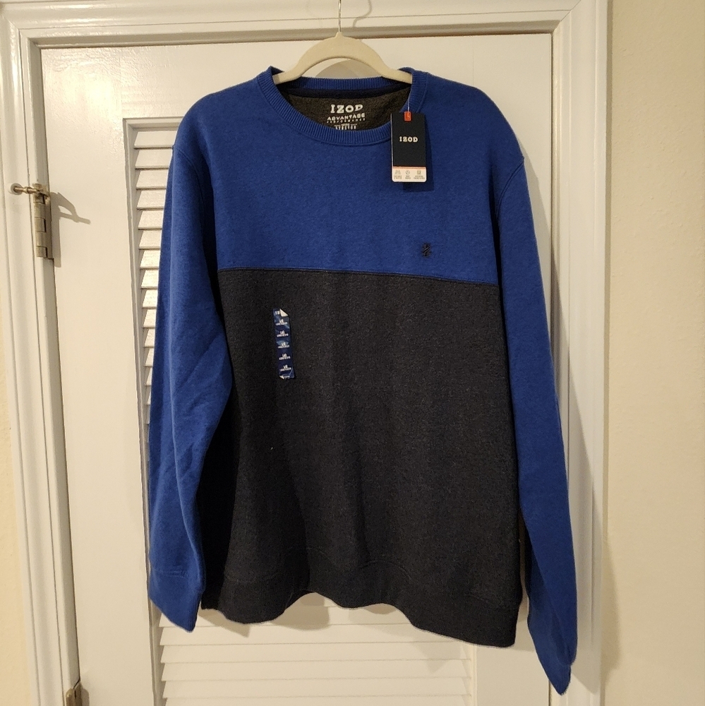 Izod NWT Blue Heather Color Block Sweatshirt Fleece Performance Stretch Large